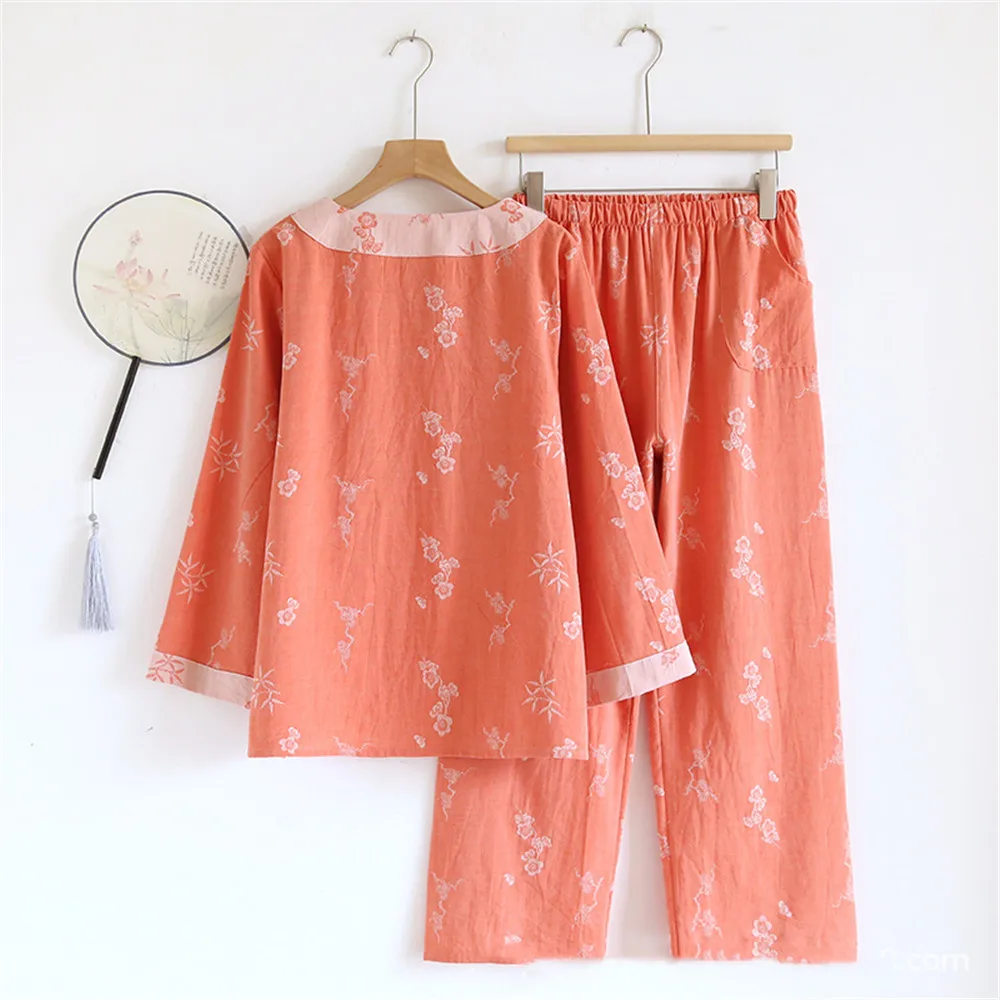 Women's Jacquard Cotton Pajama Set Round Neck Long Sleeve Pullover Pants Home Clothes Two Piece Set
