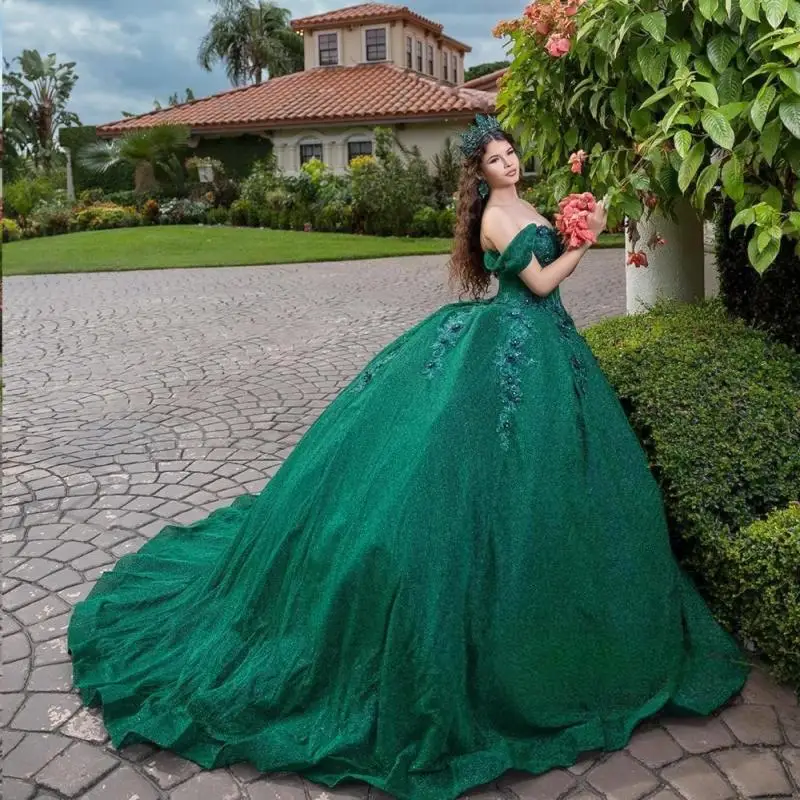 Abito Quinceanera verde scuro glitter personalizzato Abito da ballo Applique Corsetto con perline Abiti Sweet 16 Vestido De 15 Anos