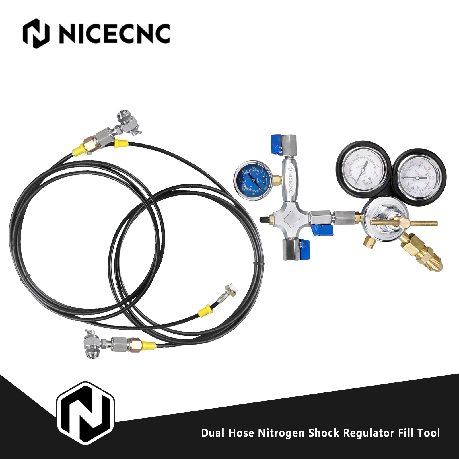 NICECNC Dual Hose Nitrogen Regulator Shock Fill Kit For Yamaha Raptor 700R Polaris RZR XP 1000 Honda TRX450R Can-Am Maverick X3