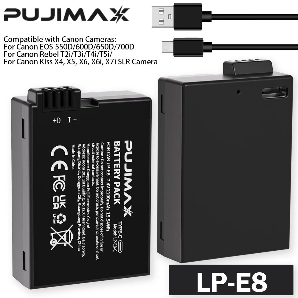 PUJIMAX 2100mAh LP-E8 LP E8 LPE8 Rechargeable Camera Battery with USB-C Input Canon EOS 550D 600D 650D 700D Rebel T2i T3i T4i T5