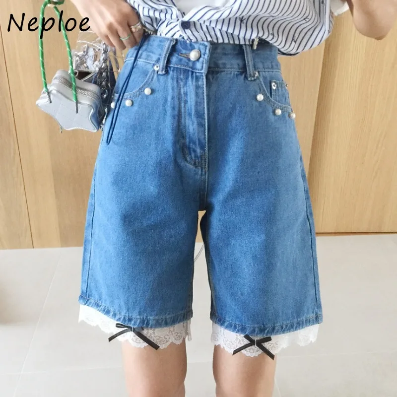 Neploe Fashion Lace Patchwork Bow Pearl Denim Shorts 2024 Summer New Jeans Shorts for Women Y2k Loose Straight Five-point Pants