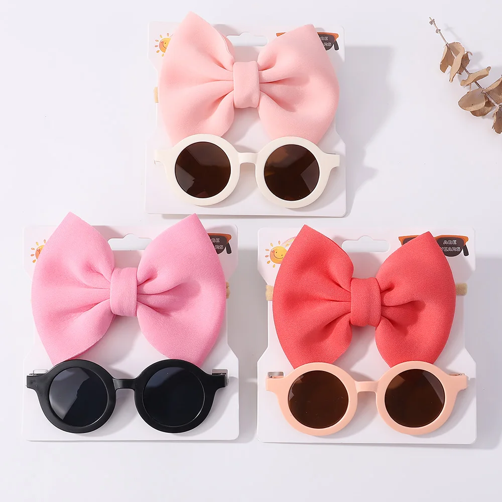 2Pcs Solid Color Big Bow Head Band for Baby Soft Nylon Hair Rope UV Resistant Sunglasses Beach Style Set Baby Hair Accessories