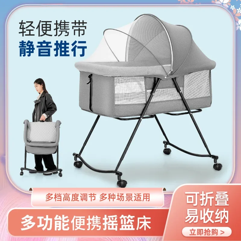 

Multifunctional Baby Cribs Folding Baby Bed For Newborns Roller Crib Splicing Big Bed Side Bed Can Lift Crib