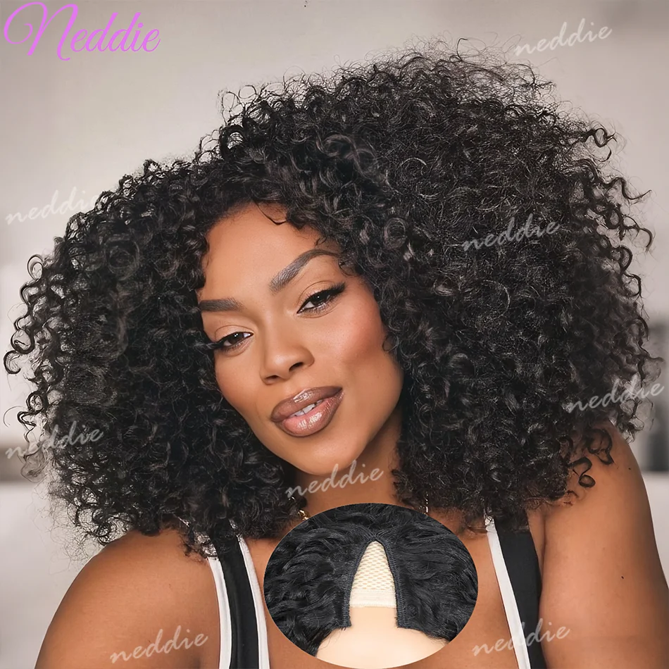 

Парик V-образной формы из натуральных волос, кудрявый, без выреза, без клея, с заколками для женщин, без швов, 30 дюймов, без кружевной передней части, натуральный парик