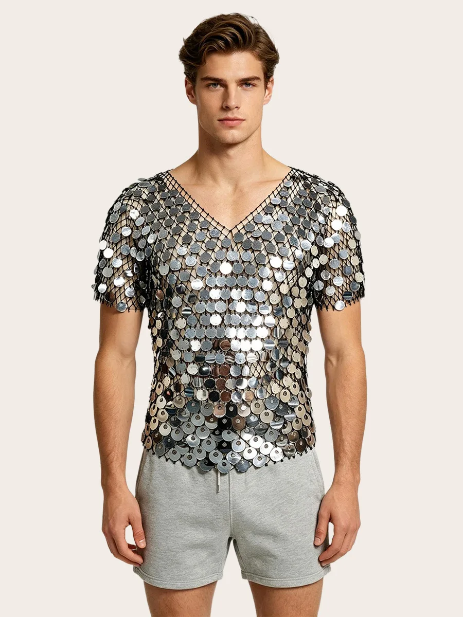 

2026 New Cross-Border Trendy Loose Casual Streetwear See-Through Sexy T-Shirt Short Sleeve Fishnet Sequin Top