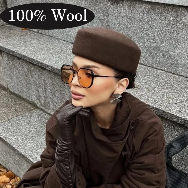Women's 100% Wool Felt Beret Vintage Top Flat Fedoras Hats Wedding Cocktail Party Medicine Box Cap Winter Fashion Retro Berets