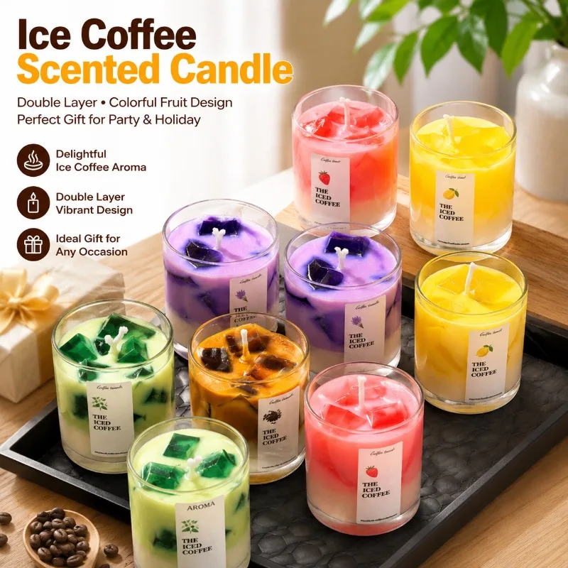 Two Layer Colored Fruit Scented Candle Ice Coffee Aroma Decorative Ornament Ideal Present for Holiday Gathering Creative