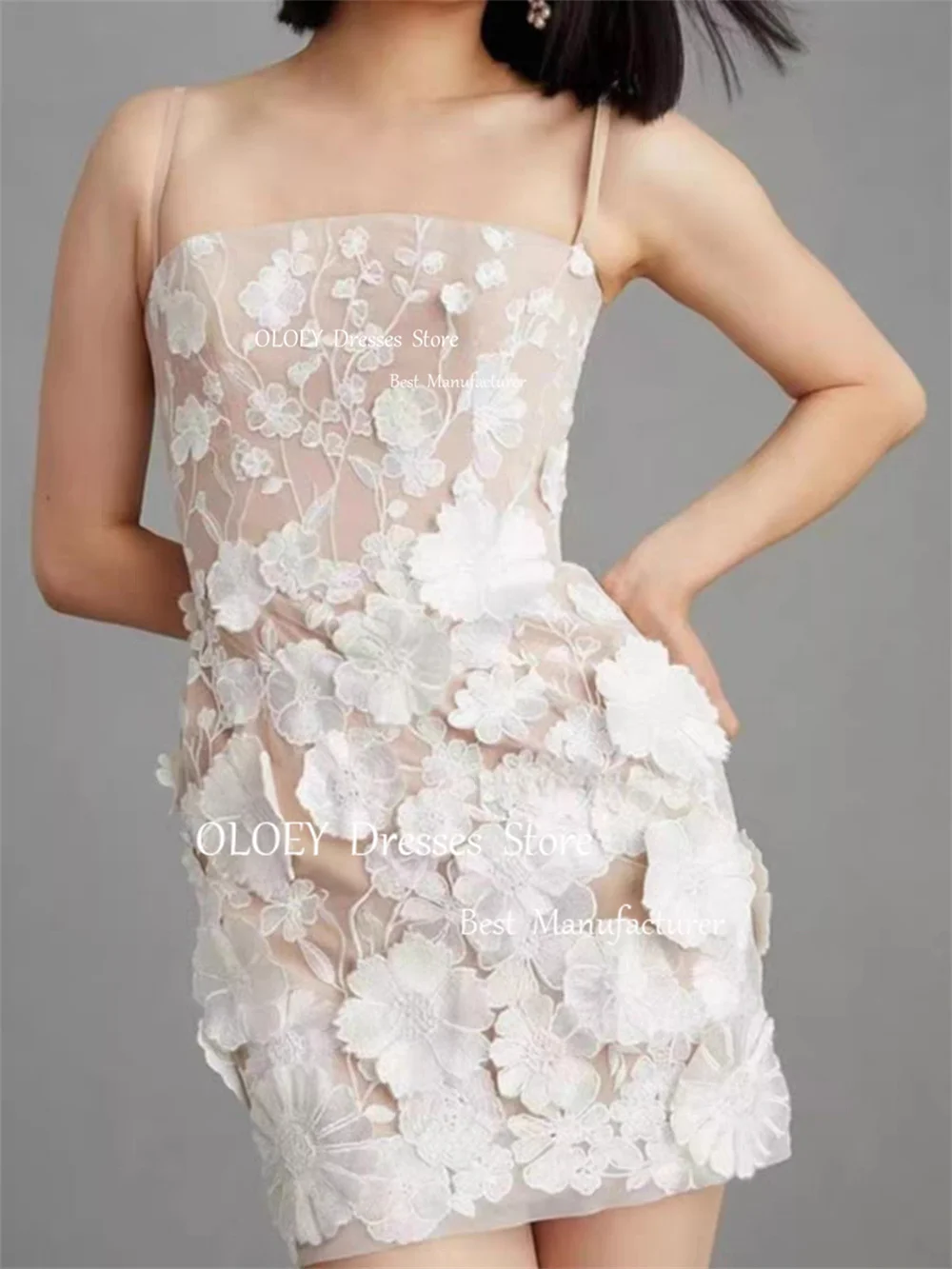 OLOEY-Robe de Soirée Exquise en Tulle avec Appliques 3D, Tenue de Bal Formelle à Bretelles Spaghetti, Longueur Au-dessus du Genou, sur Mesure