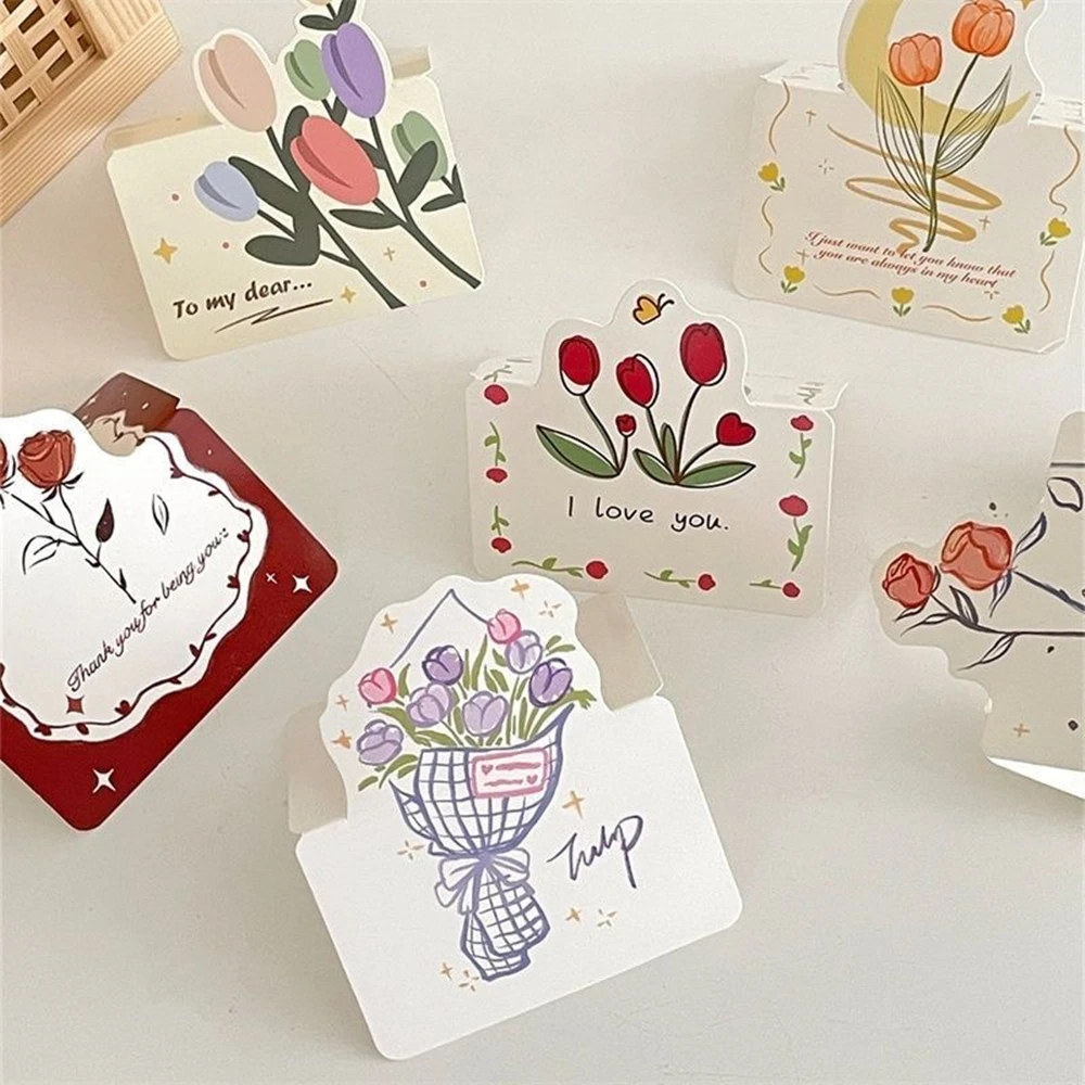 6pcs Teacher\'s Day Tulip Series Bouquet Greeting Cards Foldable Floral Message Card Handwritten Postcards Universal for Holidays