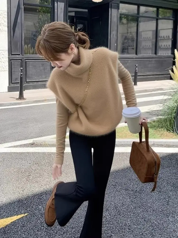 

Женский вязаный жилет цвета хаки с высоким воротником, зимний, в корейском стиле, для многослойных образов, теплый, приталенный, для повседневной носки, как внутренний слой