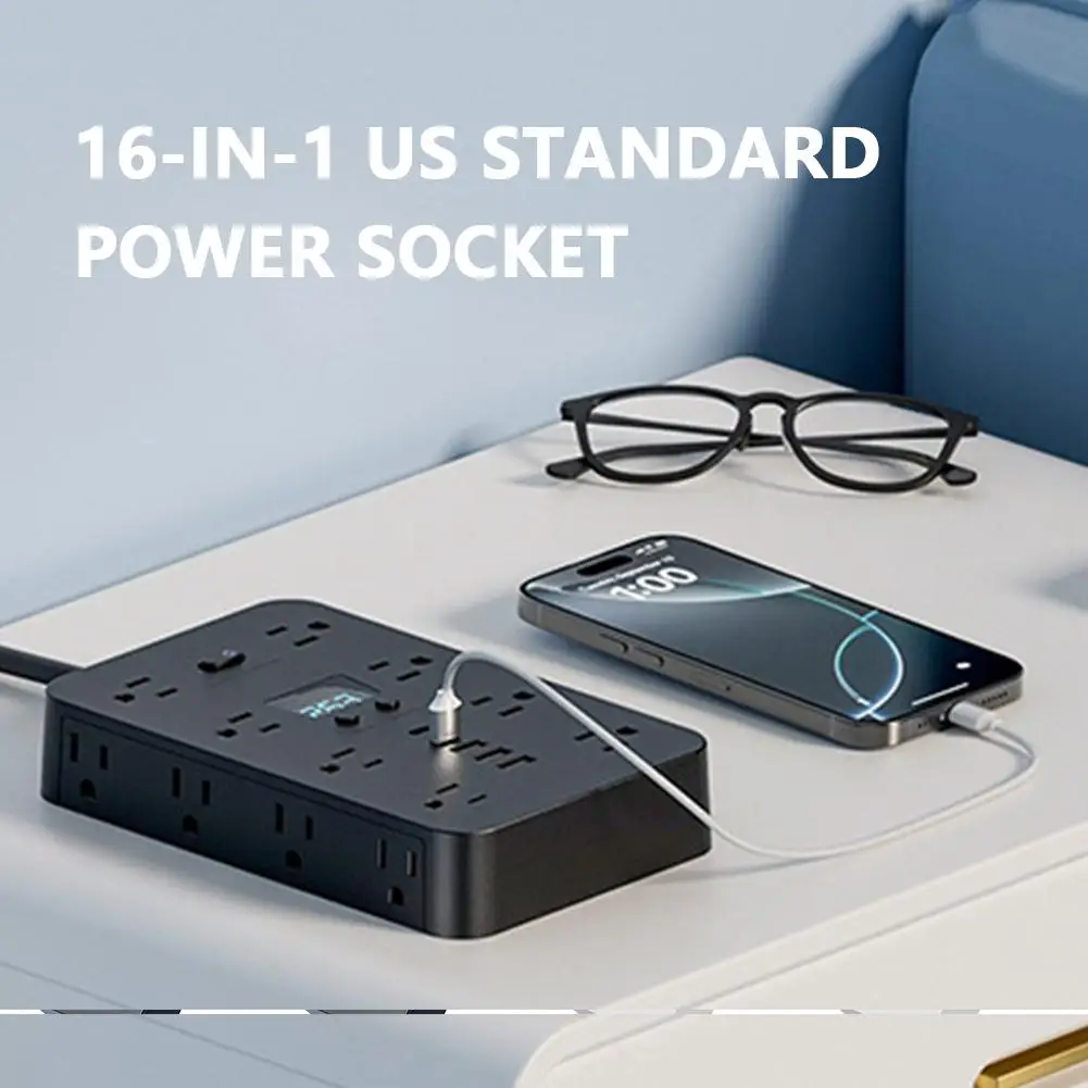 

Подовжувач питания с вилкой США 4,92/9,84 фута, 12 нескольких розеток переменного тока, 3 USB A и 2 кнопками переключения USB C One Touch, удлинитель 17 в 1