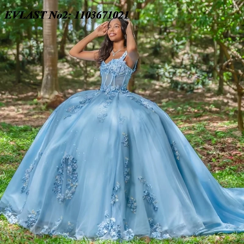 

EVLAST индивидуальное мексиканское синее платье Quinceanera, бальное платье с цветочной кружевной аппликацией, корсет из бисера, Sweet 16, Vestidos De 15 Anos E2Q45