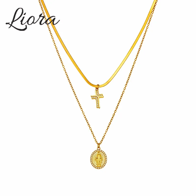 

Ожерелья Liora Chic с подвеской в виде креста из кубического циркония для женщин, двойная цепочка из нержавеющей стали, модные украшения для вечеринок