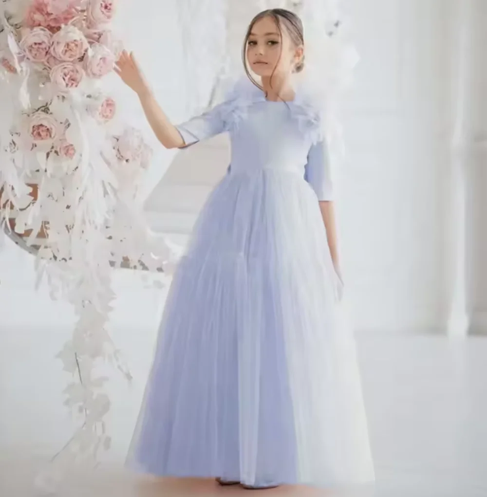 

Pink Flower Girl Dresses Tulle With Bow Half Sleeve For Wedding Birthday Party Banquet Princess Gowns