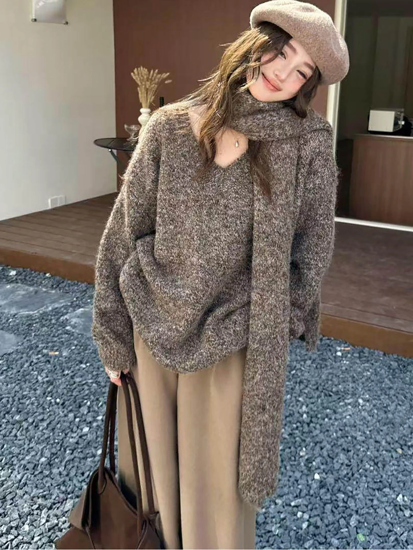 Pull tricoté en mélange de laine pour femme, ample, sensation d'assaut, paresseux, écharpe assortie, nouvelle collection automne hiver