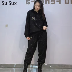 Casual Sequins Hoodie 2 Piece Sets Women Outfit 2024 Autumn Winter Casual Oversized Pencil Pants Sets Sportsuit Outwears Femme