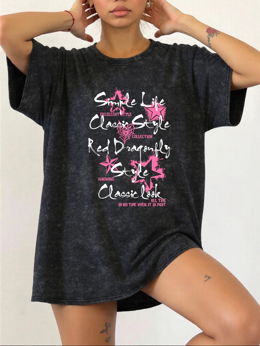 Simple Life Prints Washed T-Shirts Damen Baumwolle Oversize T-Shirt Lässige bequeme Kurzarm Tops Sommer O-Ausschnitt Kleidung
