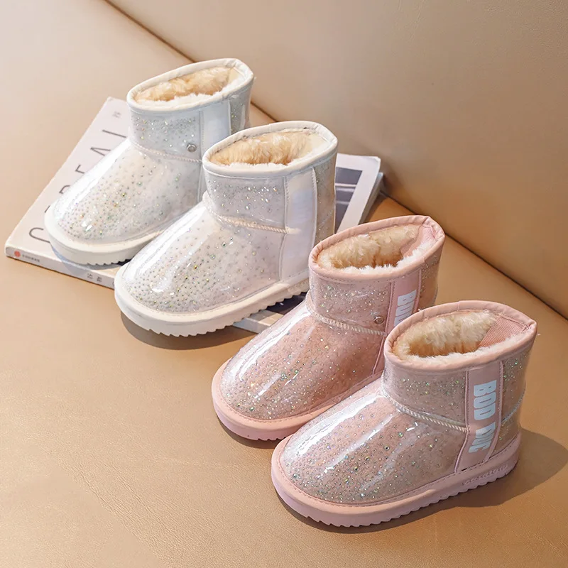 Winter New Style Girl Transparent Glitter Waterproof Cotton Coots Korean Princess Kids Warm Snow Boots XZ260