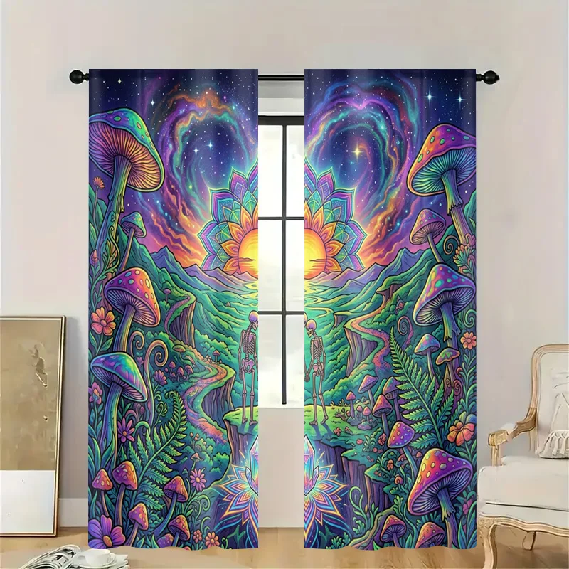 Psychedelic Mushroom Forest Curtains Boho Bohemian Fantasy Window Drapes Rod Pocket Lightweight Filtered Light Tropical Nature S