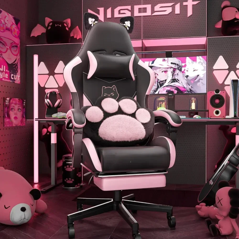 Cute Gaming Chair with Cat Paw Lumbar Cushion and Cat Ears, Ergonomic Computer Chair with Footrest, Reclining PC Game Chair