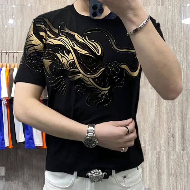 Luxury Men\'s Premium Comfortable Short Sleeve T-shirt 2023 Summer New Round Neck Hot Diamond Popular Versatile Short Sleeve