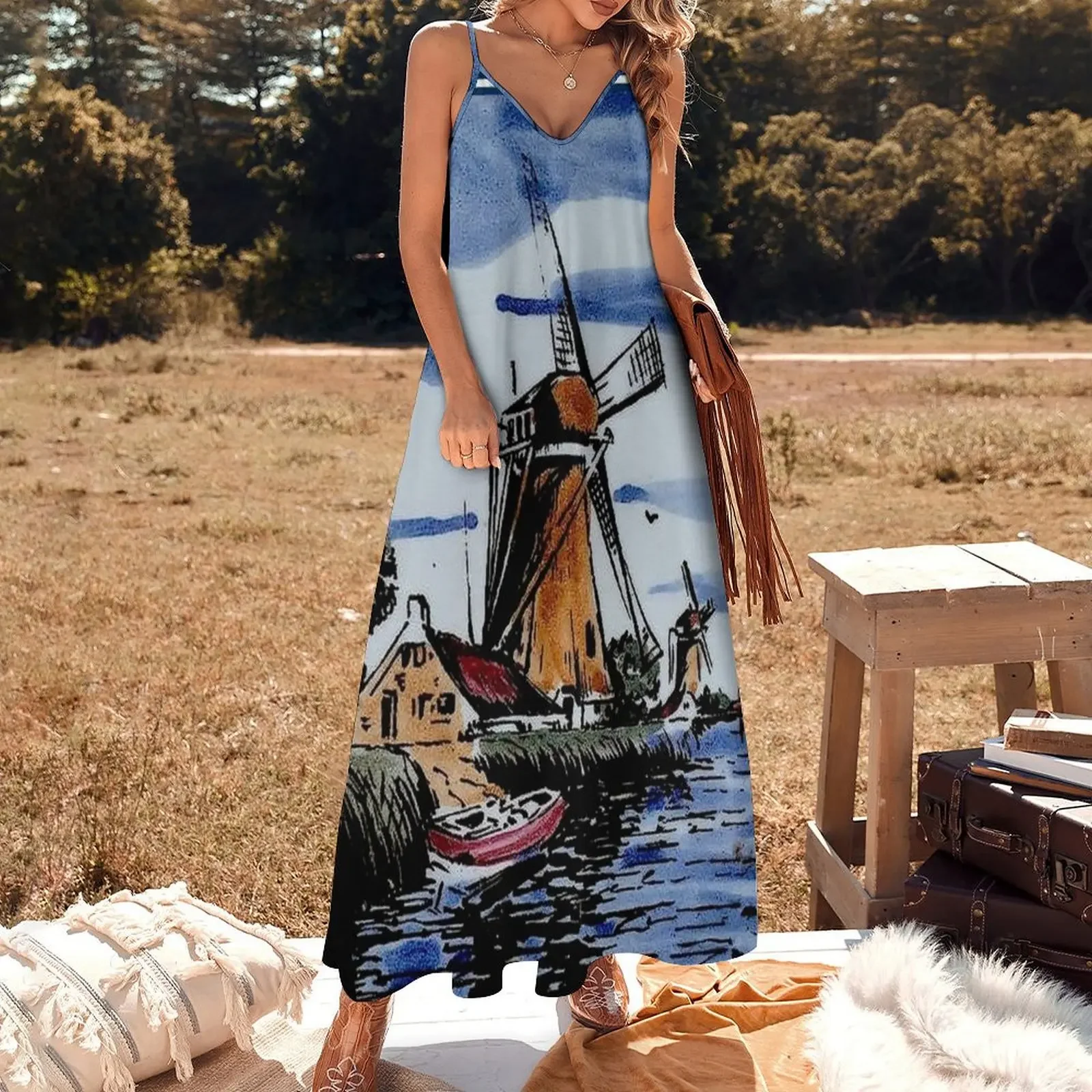 DUTCH BLUE DELFT : Vintage Colorful Windmills and boat on River Print Sleeveless Dress elegant chic wedding evening dresses