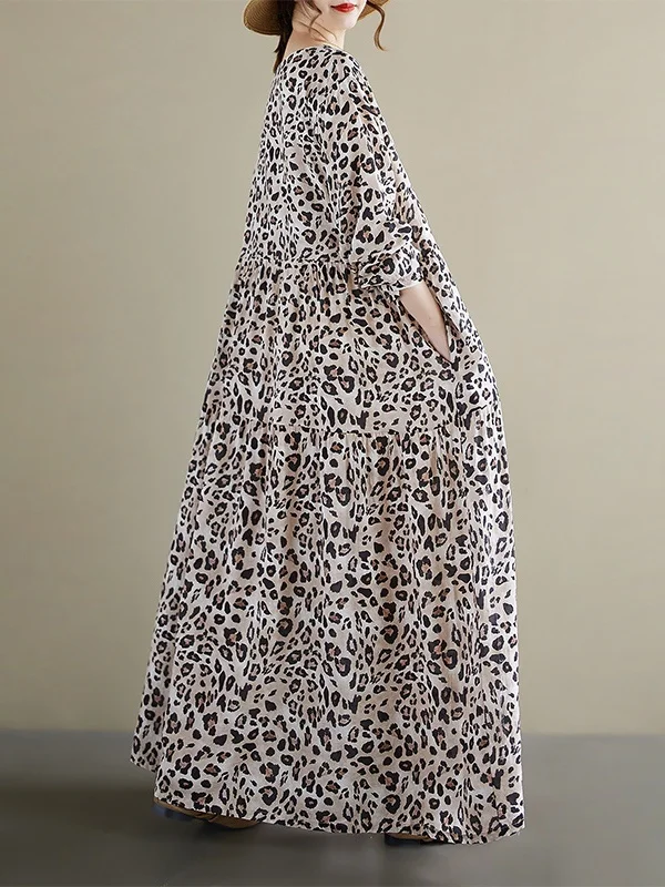 Gaun Maxi Motif Leopard Kasual untuk Wanita Ukuran Plus, Longgar, Lengan Panjang, Kerah Bulat, Cocok untuk Musim Panas, Gugur, Jalan-Jalan, Liburan