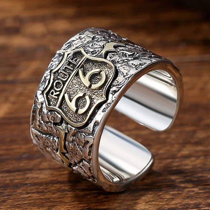 DF New Silver Color Freedom Road Route 66 Ring Men's Motorcycle Punk Personality Retro Winter Jewelry Accessories