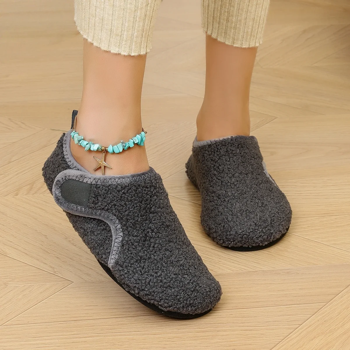 Men's Winter Warm Slippers Adjustable Velcro Fleece Lined House Shoes Non Slip Cotton Shoes Large Size 34-47