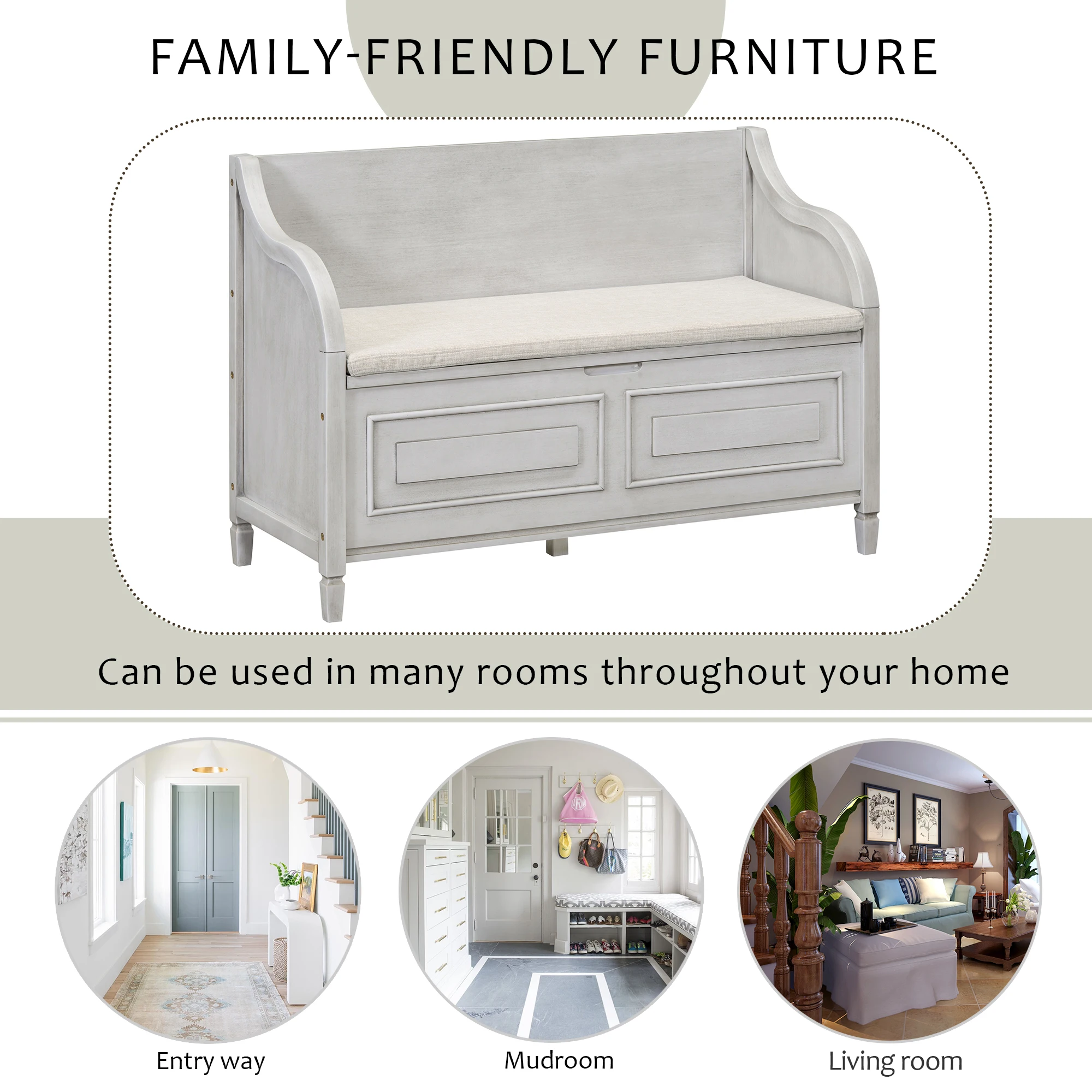 Panca portaoggetti da ingresso in legno massello in stile rustico con cerniera di sicurezza, sgabello per scarpe multifunzionale con cuscino imbottito rimovibile