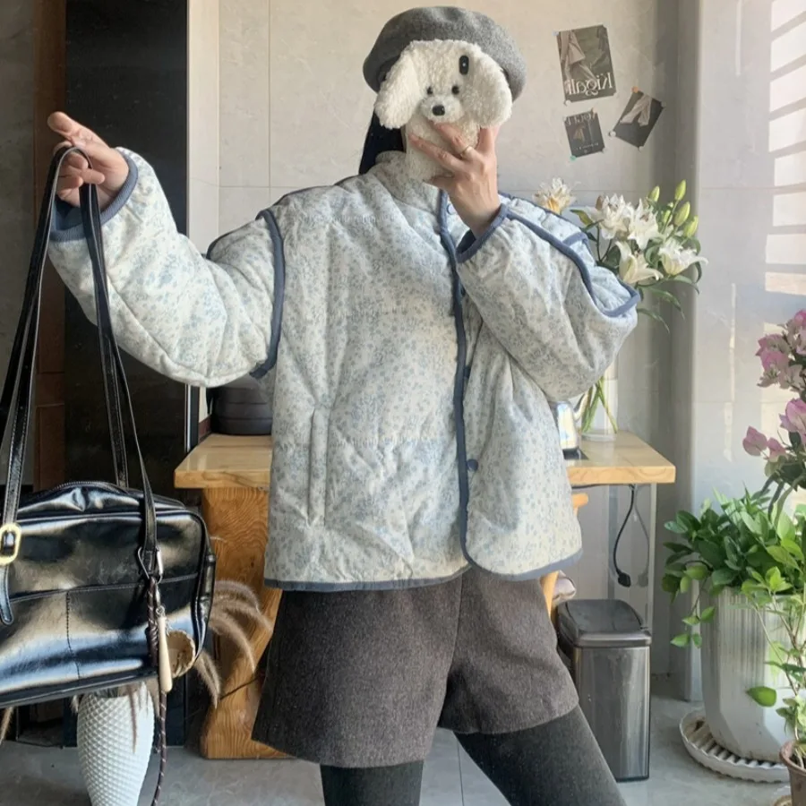 

Милый хлопковый жакет с цветочным принтом, женский корейский шикарный зимний ор, повседневный утягивающий топ с воротником-стойкой для маленьких фигурок