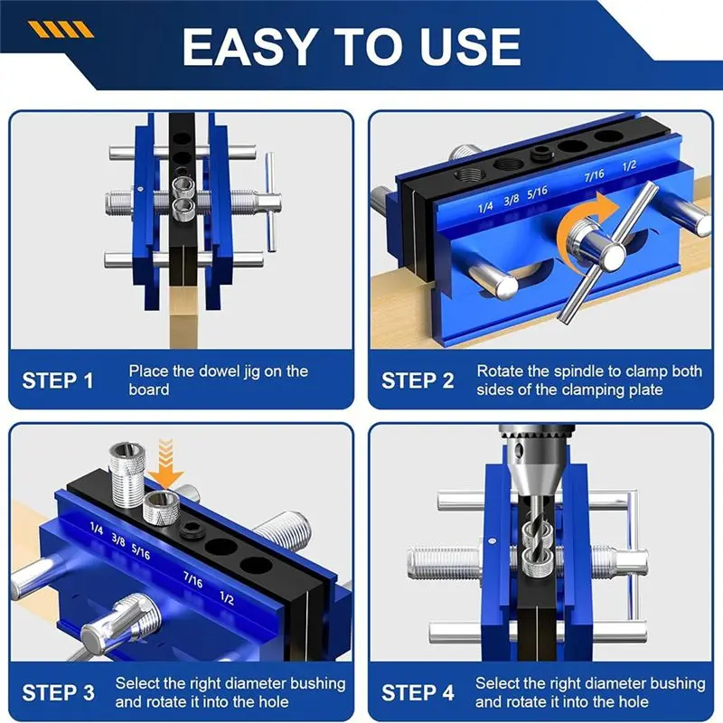 A04G-Self Centering Dowel Jig Kit, Drill Guide Jig Block For Straight Holes 6PCS Drill Bushings, For Woodworking, Adjustable