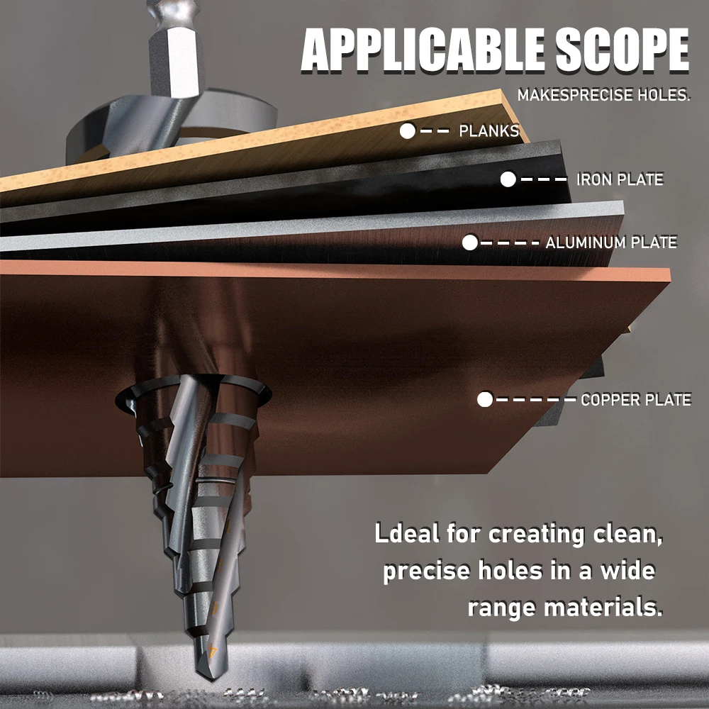 M35 Kobalt 4-Schneiden Stufenbohrer 1/4 Zoll Metrischer Konischer Sechskantschaft für Edelstahlblech, Holz, Aluminium und Andere Metalle – Detail 5