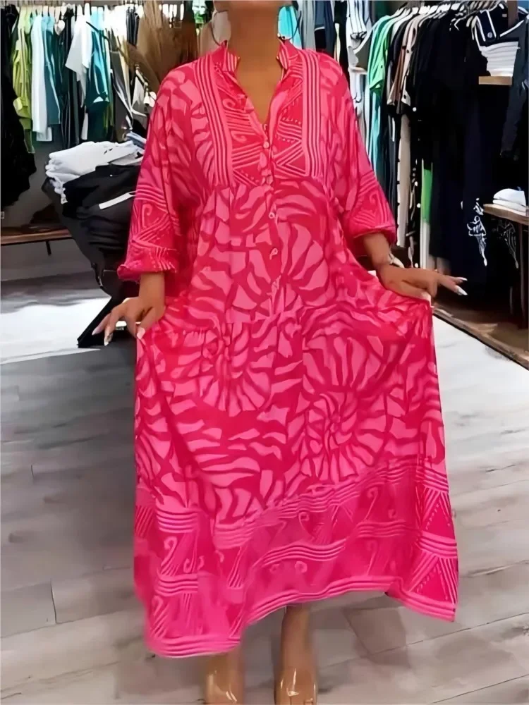 Abito da donna casual con stampa floreale Abito lungo elegante primaverile con scollo a V ampio Abito lungo autunno manica lunga Moda Boho Abiti lunghi