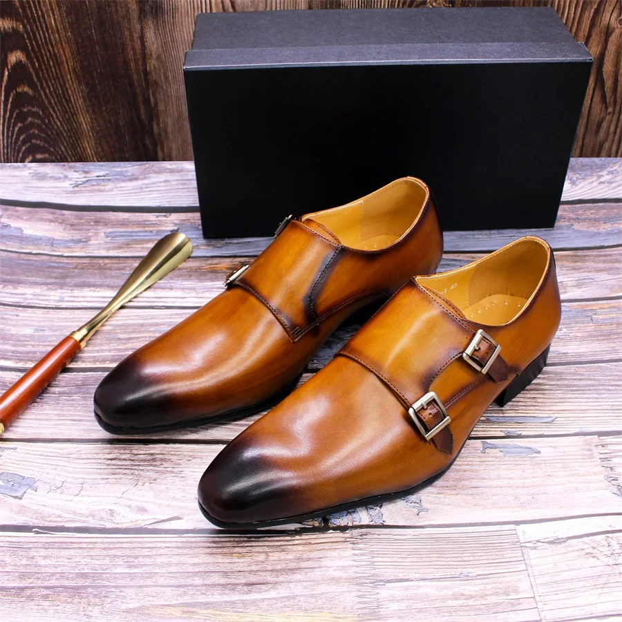 Classic Mens Monk Strap Wedding Formal Shoes Genuine Leather Business Double Buckle Luxury Gentleman Office Dress Shoes for Men