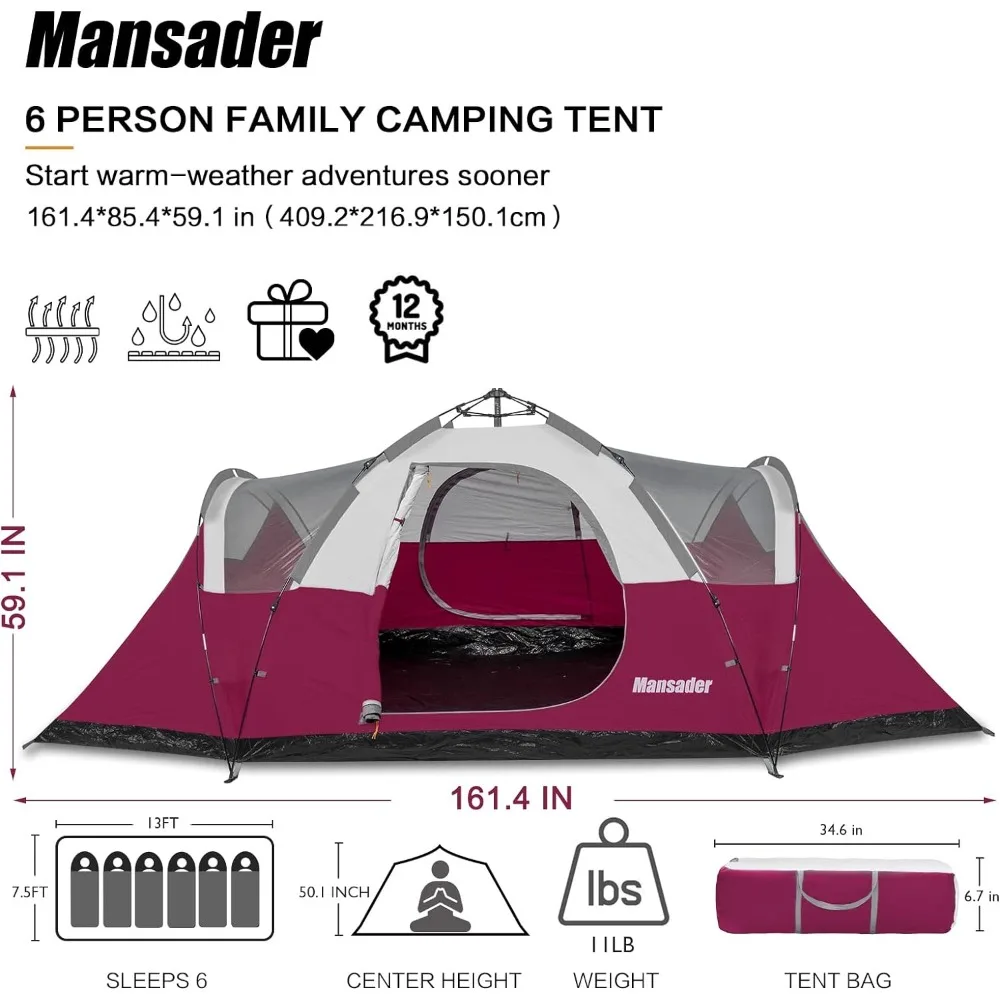 6 Person Family Camping Tent,Waterproof Windproof with Top Rainfly,Easy Set Up,Pop Up Tent for Outdoor Camping