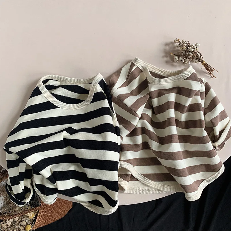 Children Long Sleeve T Shirt Kids Cotton Striped Tops Spring Autumn New Casual Loose Baby Boys Girls Versatile Bottoming Shirt