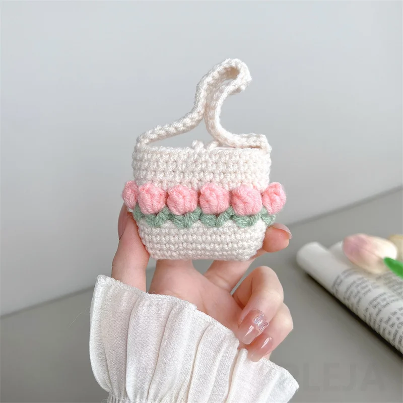 Cute Tulip Earphone Case for Apple AirPod Pro 2 Headphone Cover Package Pink Floral Bag for AirPods 3 Knitted Pocket