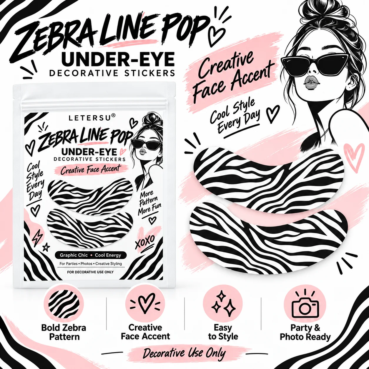 4PCS Zebra Print Under Eye Stickers, Y2K Black White Eye Patches, Trendy Face Makeup Decorations for Women, Party Cosplay