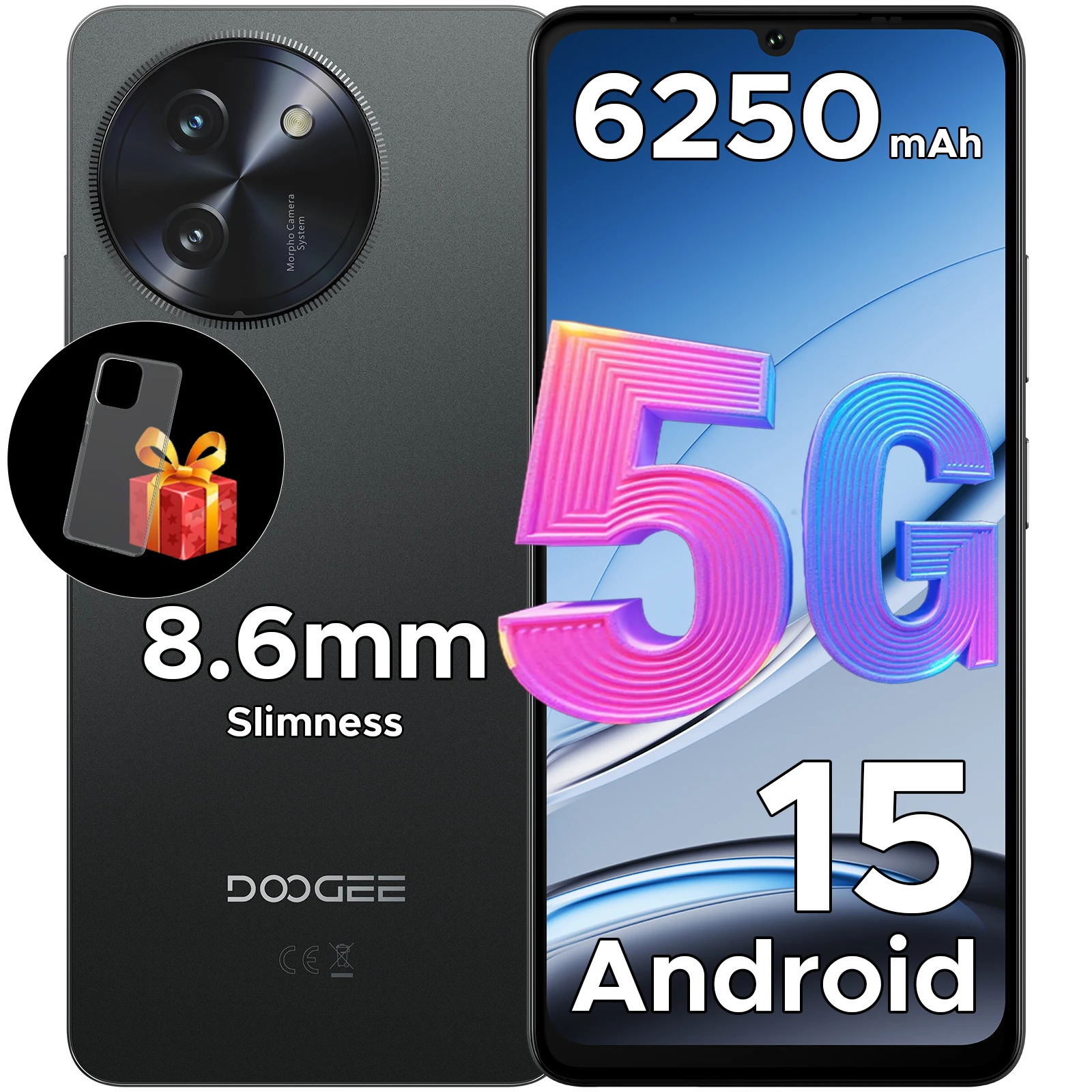 DOOGEE Note 59 5G-smartphone 32 GB 128 GB 6250 mAh Grote batterij 6,75 "120 Hz UNISOC T8200 Octa Core Android 15 Widevine L1 NFC