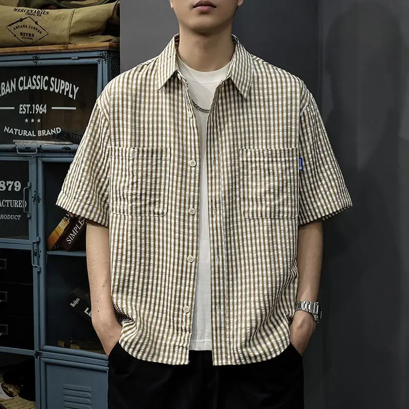 Mens Beige White Plaid Short Sleeve Shirt Button Down Loose Fit Chest Pocket Casual Work Shirt