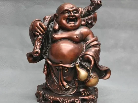 

11'' China Laughing Maitreya Buddha Happy Monk Hold Gourd Bronze Statue