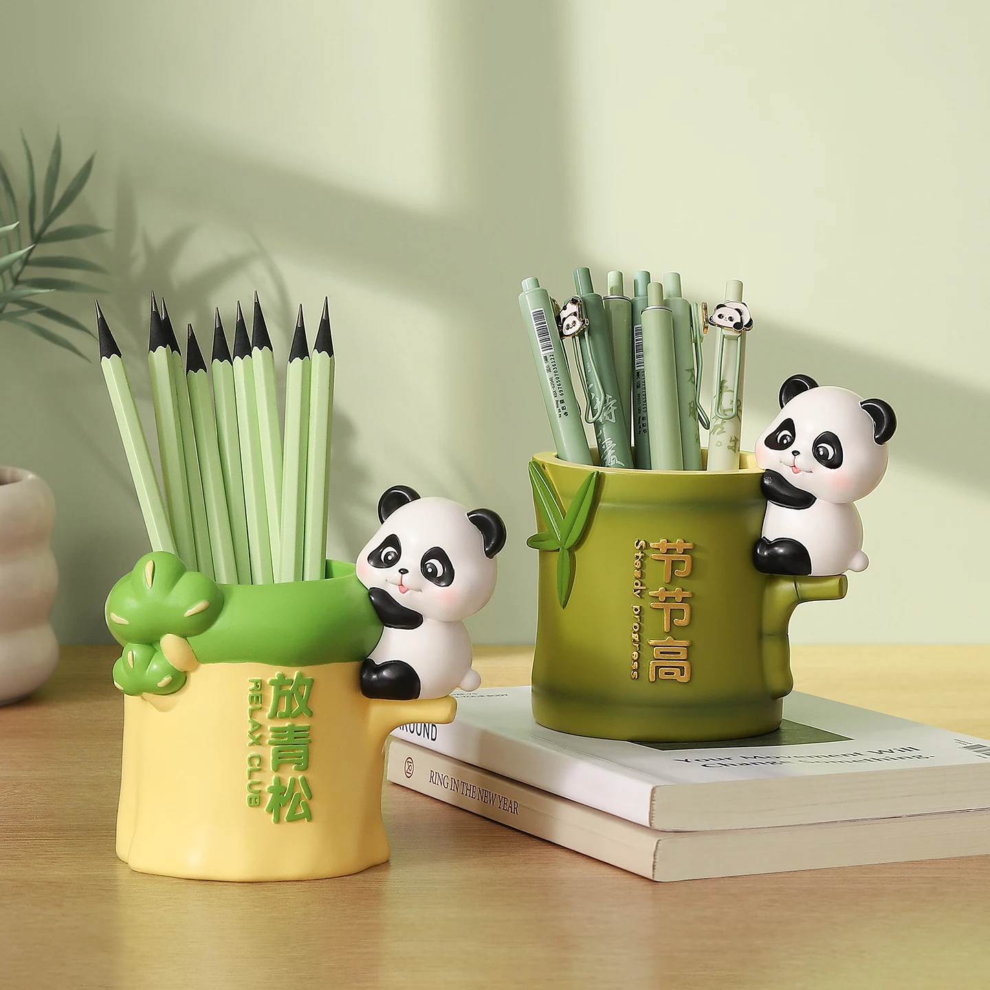 Cute Panda Desktop Pen Holder Creative Bamboo Desk Organizer Table Stationery Storage Home Office Decor Ornament Gift