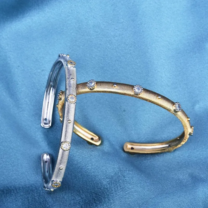 Vertical Brushed Open Cuff Bracelet Women Two Tone Zircon Accent Gold Silver Adjustable Stackable Wrist Bangle