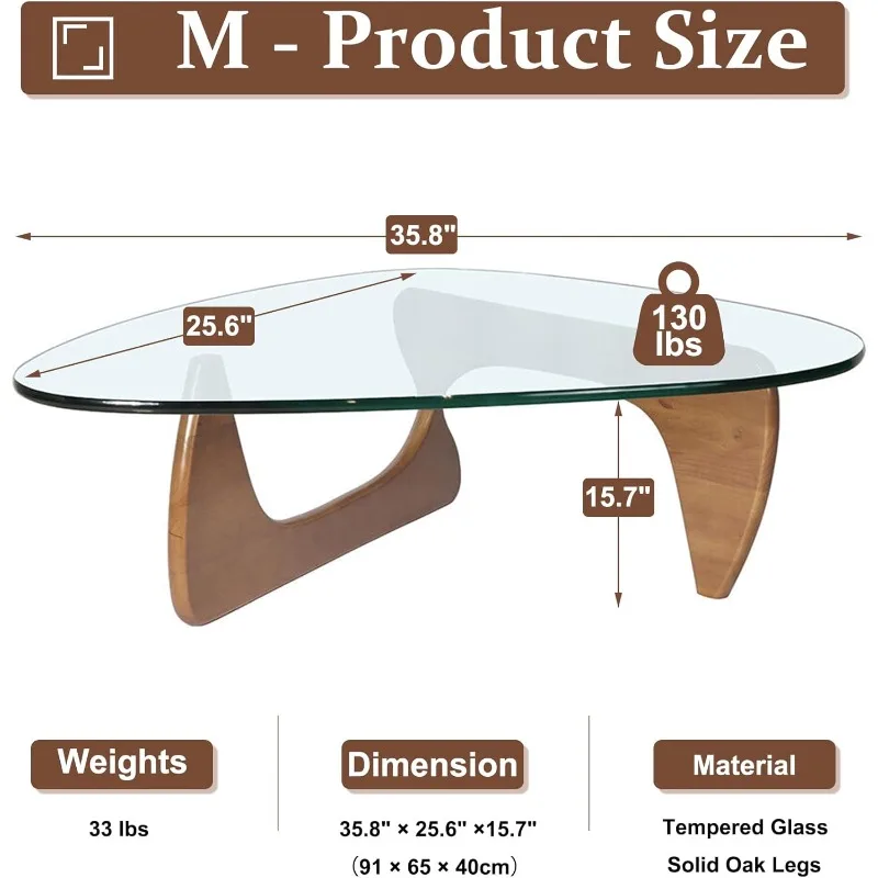 Mesa de centro en nogal, base moderna de madera maciza de mediados de siglo y mesa de centro triangular de vidrio transparente para sala de estar