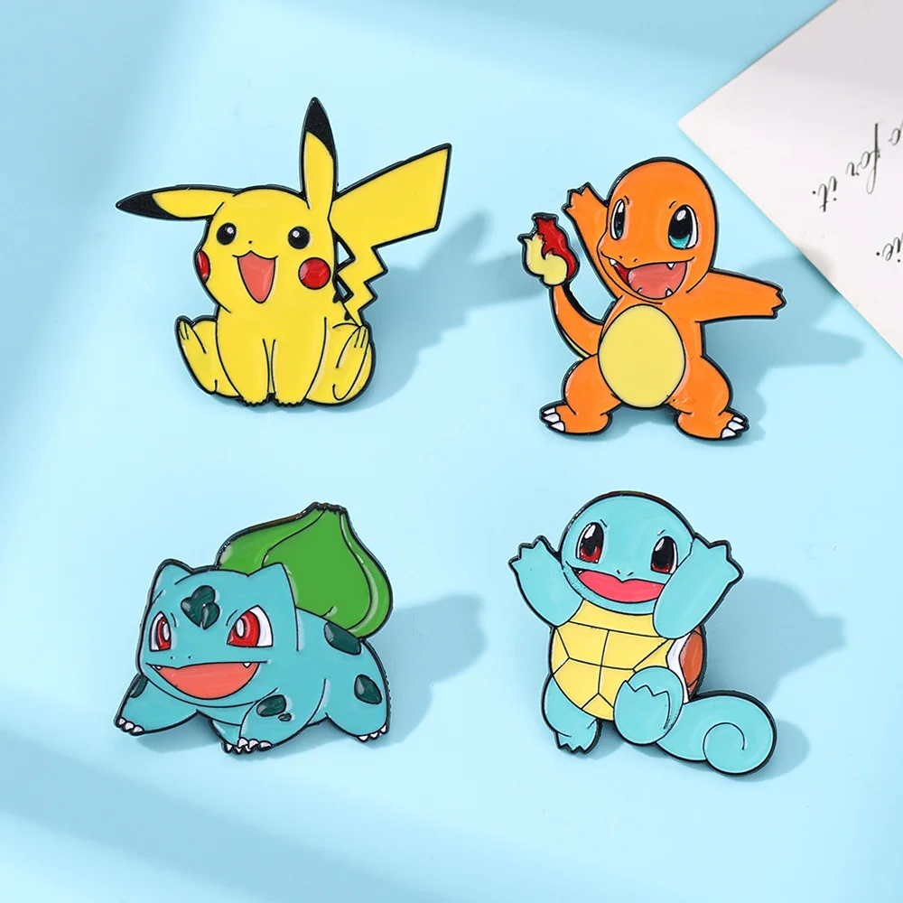 4Pcs Pokemon Enamel Pins Set, Cute Pikachu Charmander Bulbasaur Squirtle Brooches for Backpack Fans Gifts