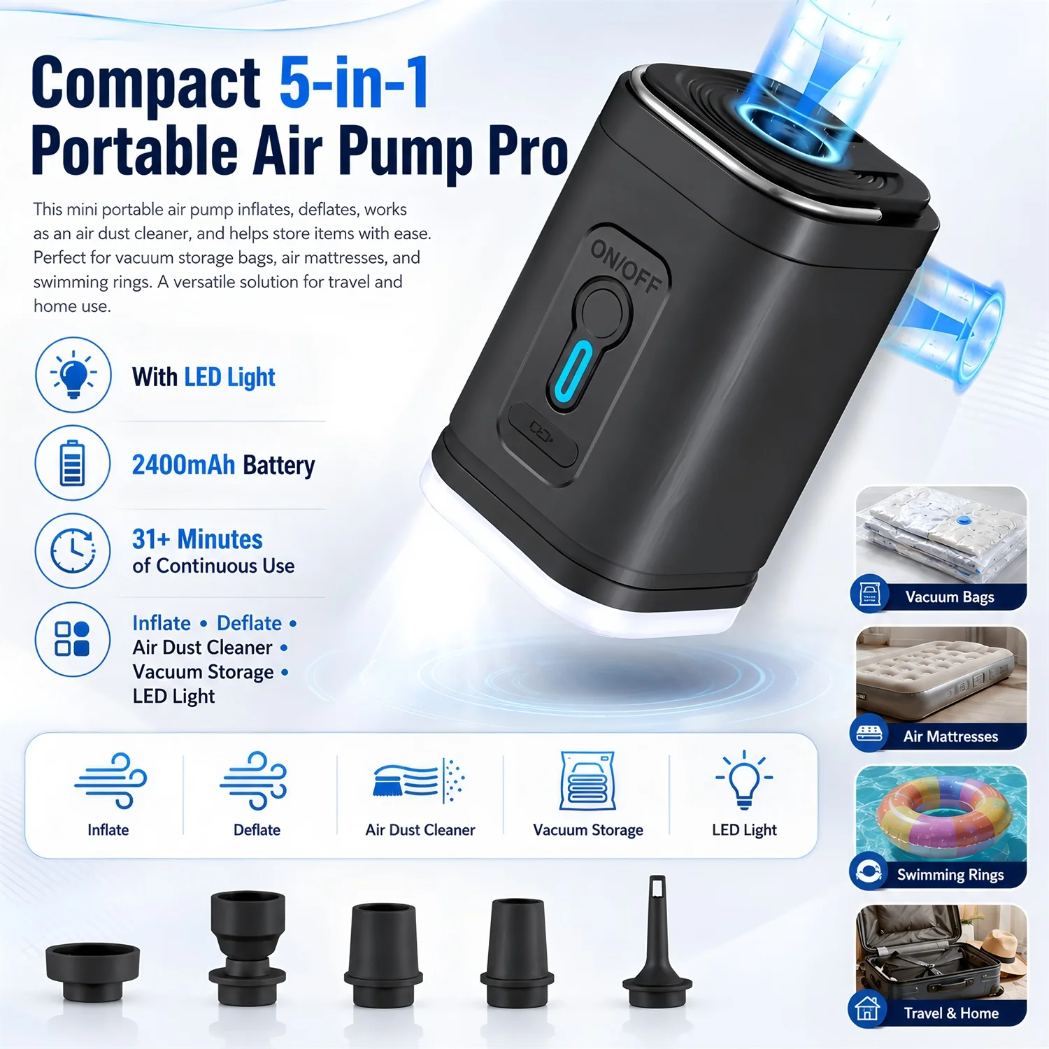 Rechargeable Portable Outdoor 5-IN-1 Inflator Pump Camping Gadget Inflatable Bed / Ball / Tire LED Air Compression Deflate Tool