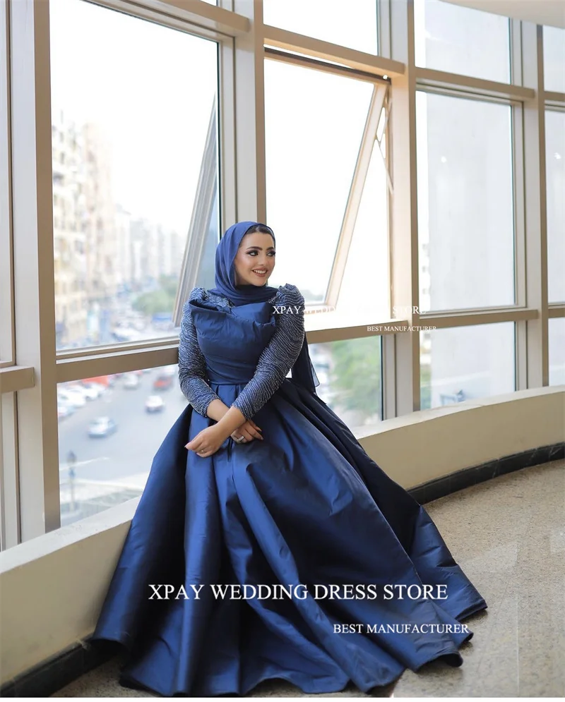 XPAY Modest Muslim Arabic Dubai Women Navy Blue Evening Dresses Long Sleeves High Neck Glitter Satin Prom Gowns Plus Size