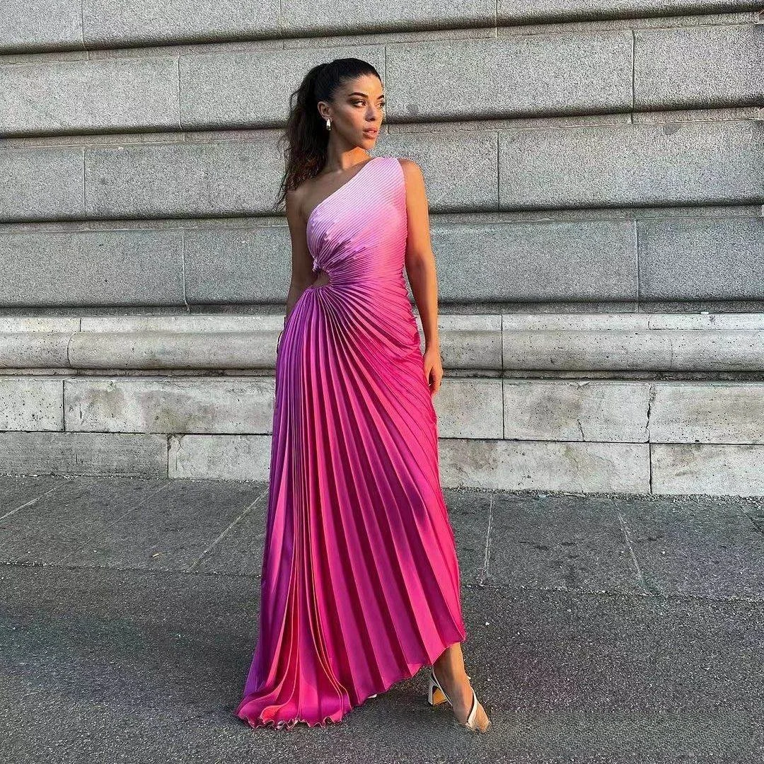 エレガントな透かし彫りプリーツグラデーションカラードレスセクシーガールシングルショルダー新作レディースドレスktvコスチュームレディースファッションドレス