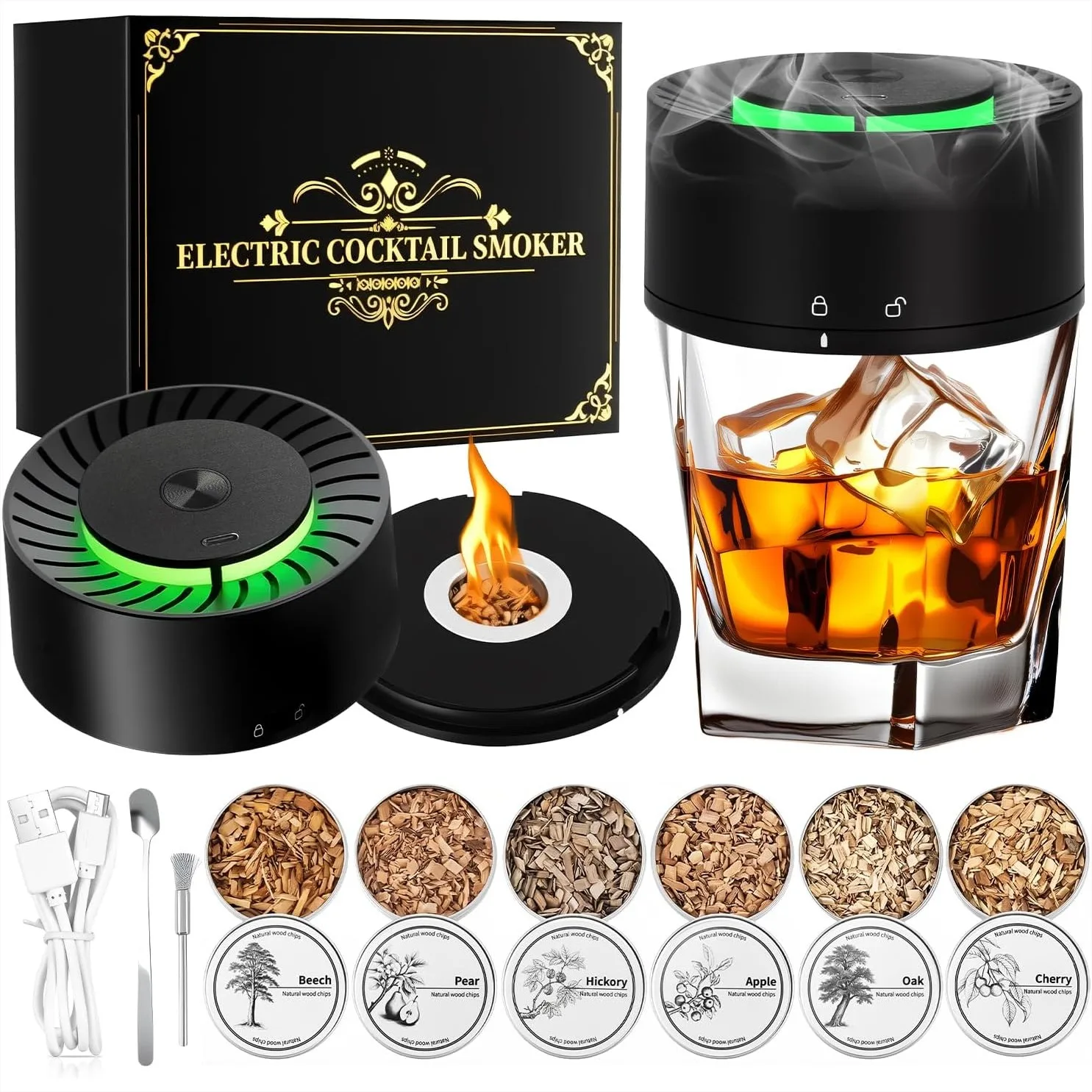 

Electric Whiskey Smoker Kit with Rechargeable Battery, Built-in Lighter, 6 Wood Chips, Ambient Lights - Perfect Gift for Men